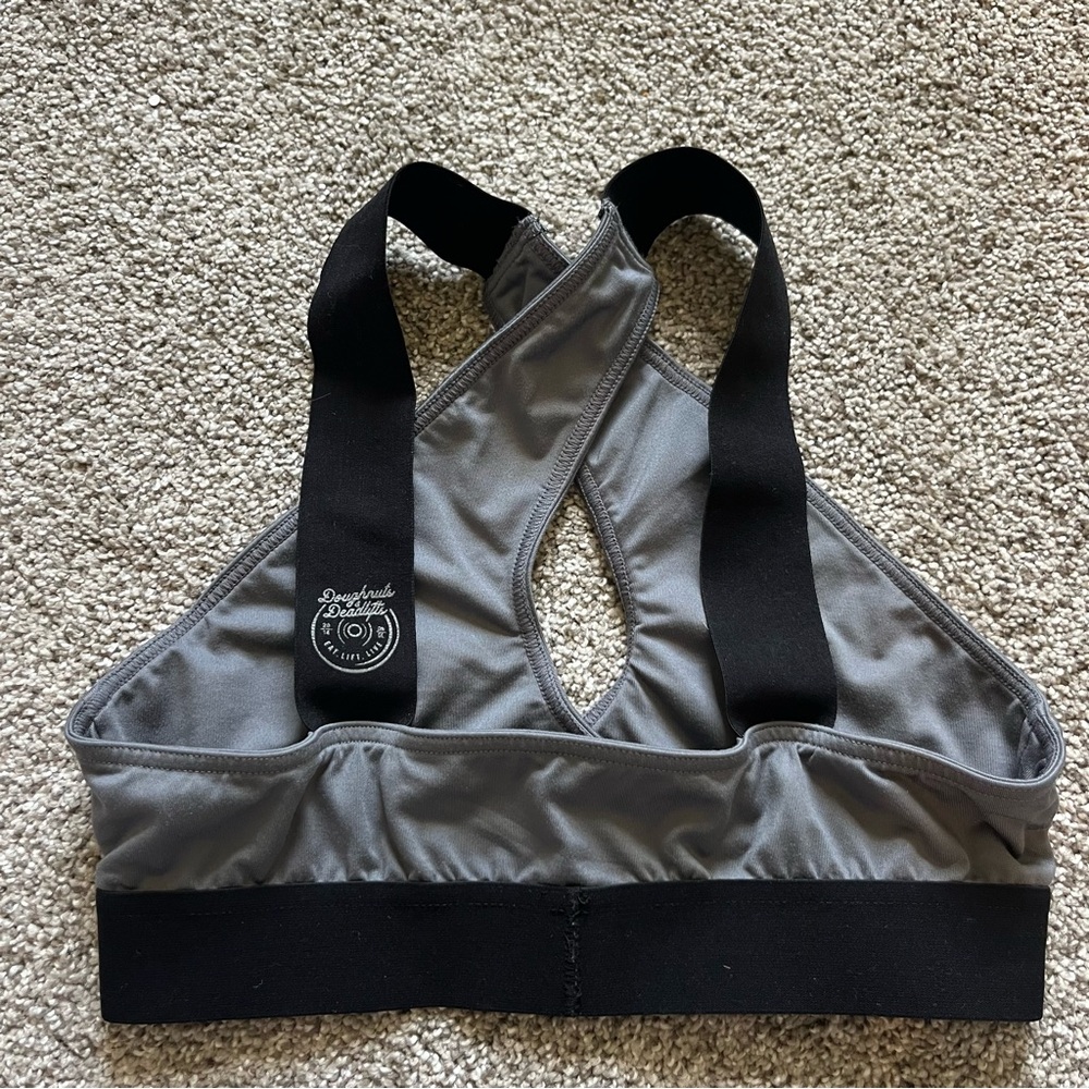 Doughnuts & Deadlifts Criss-Cross Gray Sports Bra - Picture 2 of 6
